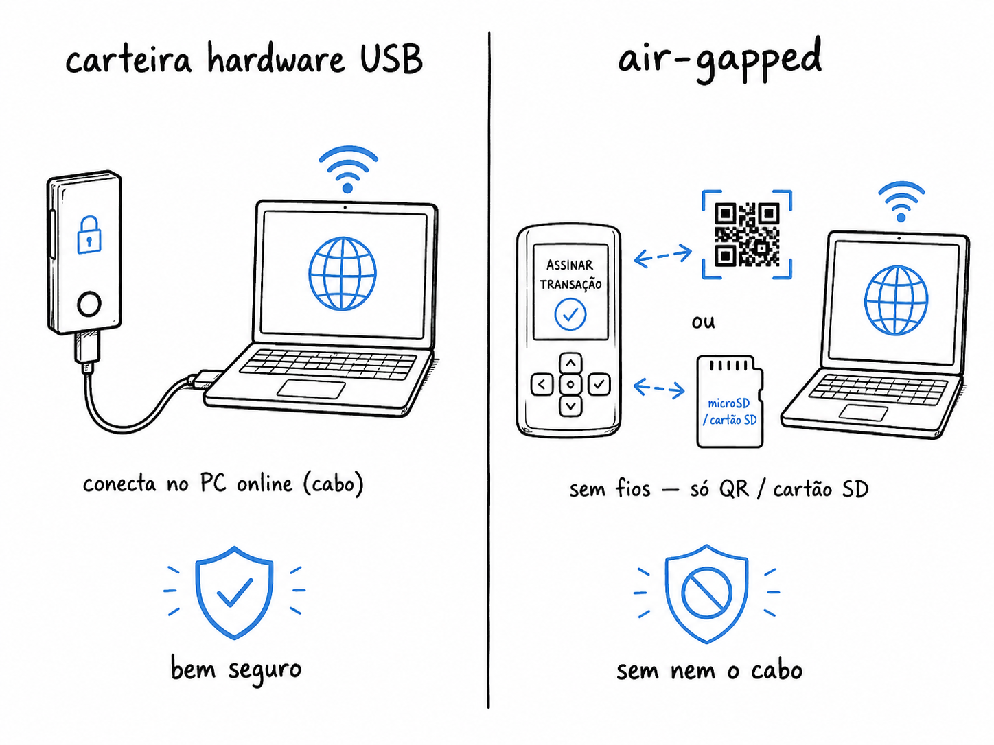 Comparação: carteira hardware USB conectada por cabo a um computador online, versus dispositivo air-gapped que se comunica só por QR code e microSD, sem fios.
