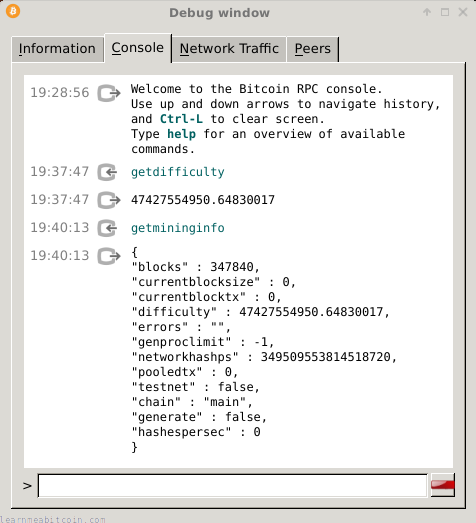 Captura de tela mostrando o resultado de um comando 'getdifficulty' no cliente Bitcoin Core.
