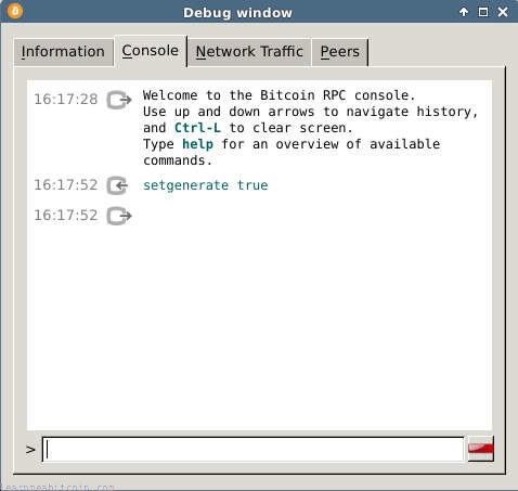 Captura de tela do comando setgenerate para mineração no Bitcoin Core.