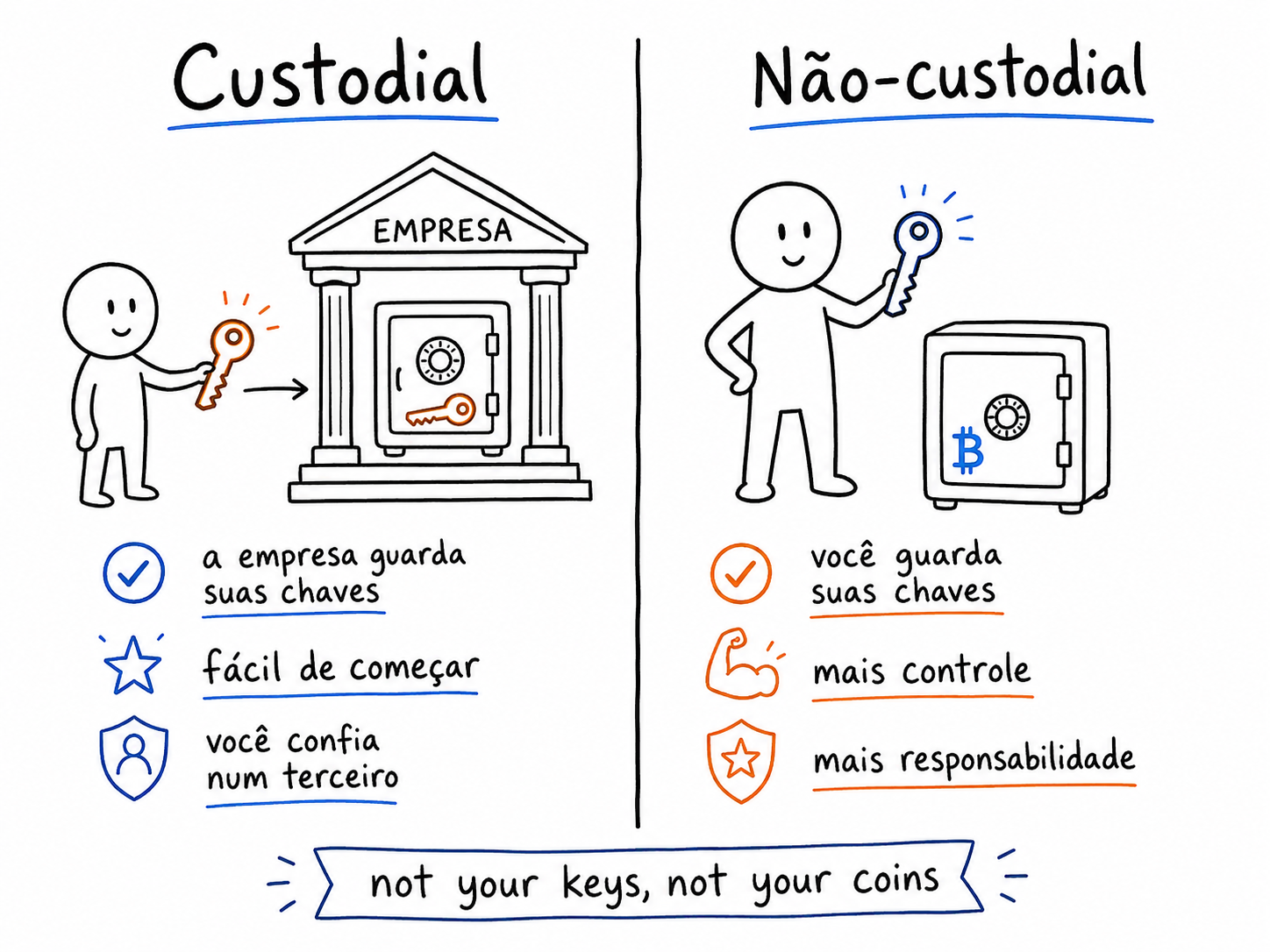 Comparação entre carteira custodial (a empresa guarda suas chaves) e não-custodial (você guarda as suas próprias chaves).