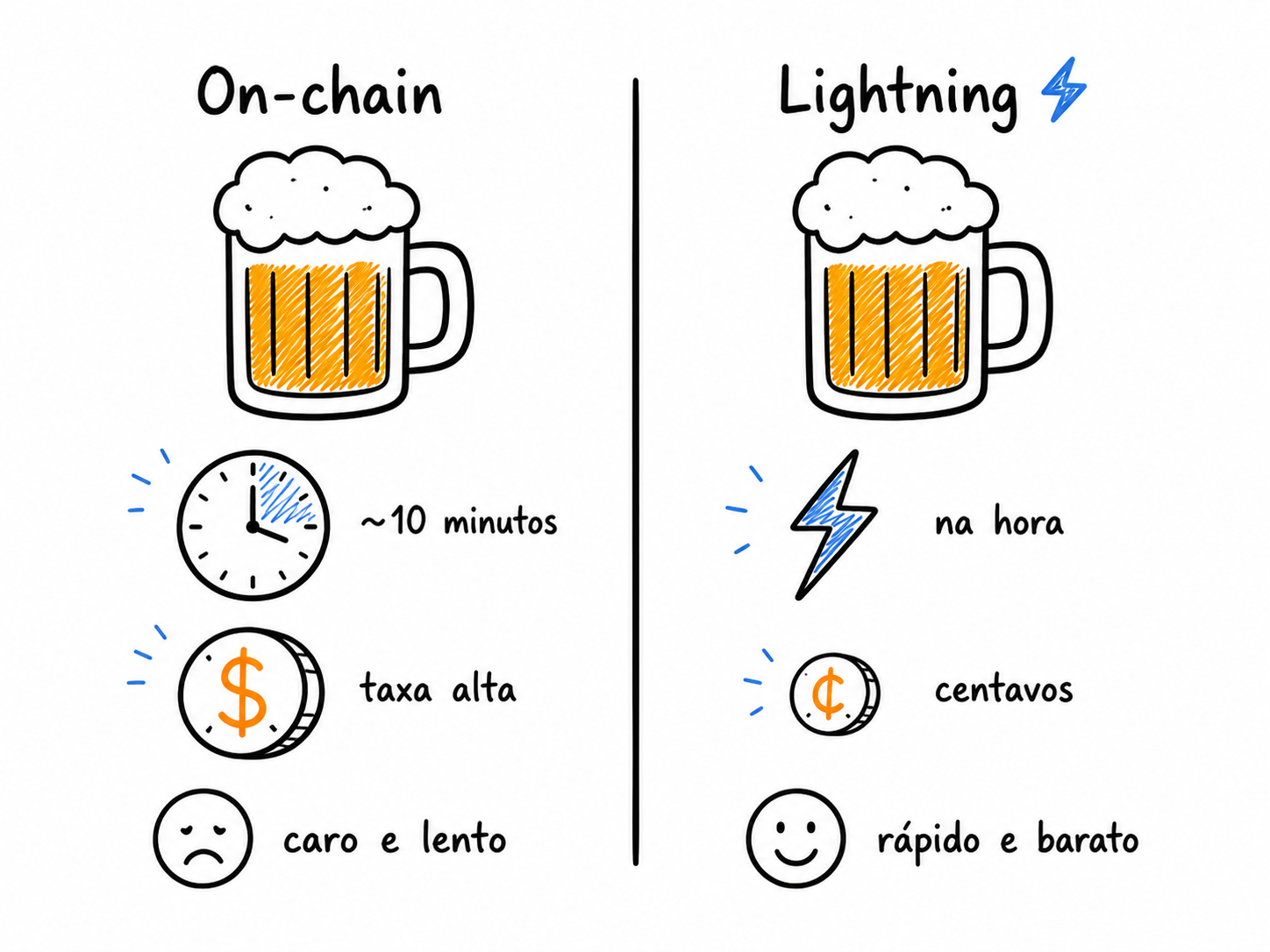 Comparação de pagar uma cerveja: on-chain (lento e caro) versus Lightning (rápido e barato).