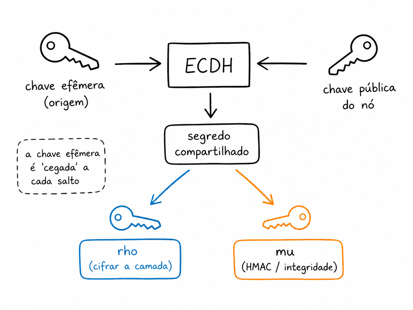 Derivação do segredo compartilhado: a chave efêmera da origem combinada por ECDH com a chave pública de cada nó gera um segredo, do qual saem as chaves de cifragem (rho) e de HMAC (mu).